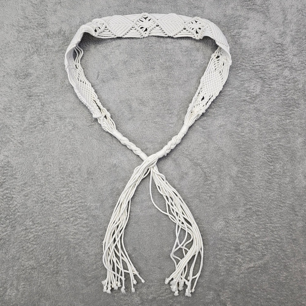 Vintage White Macrame Tie Belt Boho Hippie Festival Handmade Waist Belt